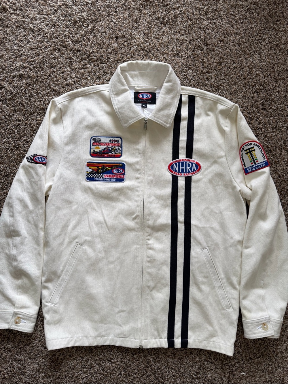 Vintage NHRA Drag Racing Jacket Size Xl Cream Racing Stripe Zip Jacket